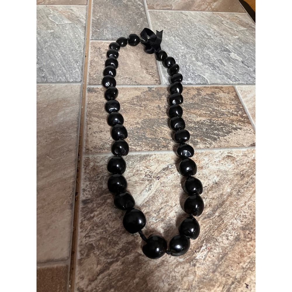 Vintage Black Kukui Nut Lei Necklace Polished Glossy Hawaiian Ribbon Tie 32 Inch